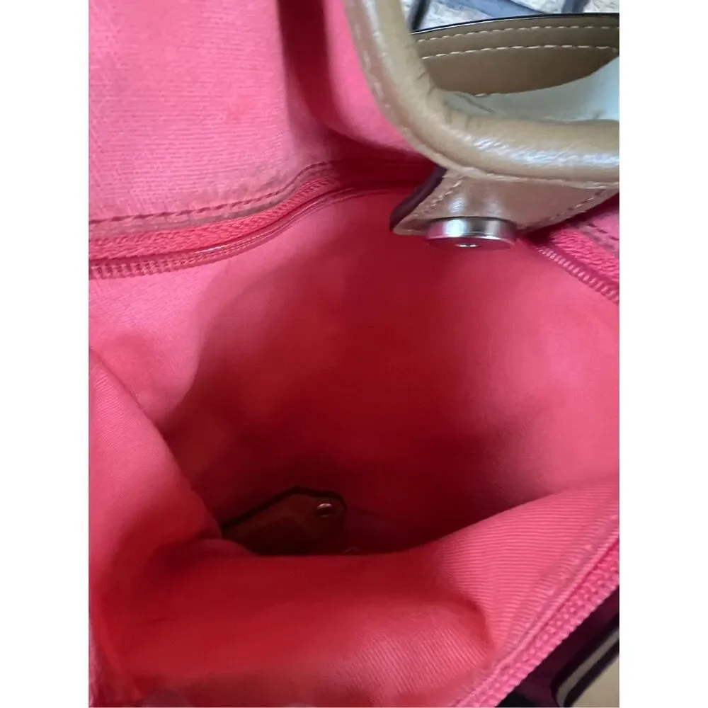 Coach Hadley Variegated‎ Coral & Beige Striped Canvas Leather Tote Shoulder Bag